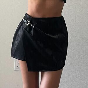 Bella Canvas Black Faux Leather Asymmetrical Mini Skort with Buckle